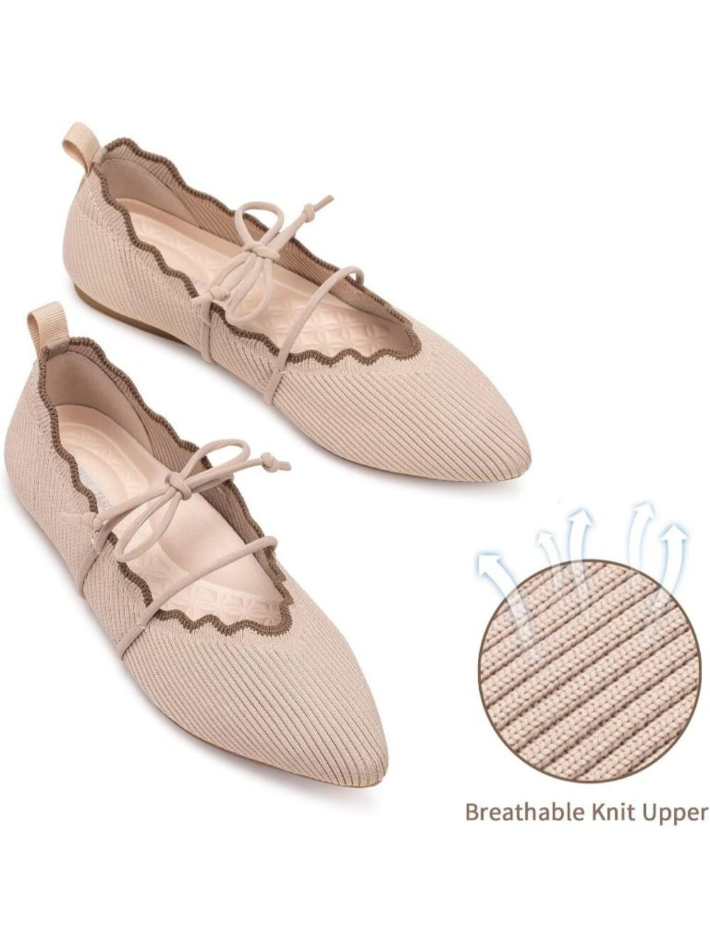 Women's Cream Rubber Knitted Slip On Pointed Toe with Ruffled Vamp Elastic Flats - Picture 3 of 7